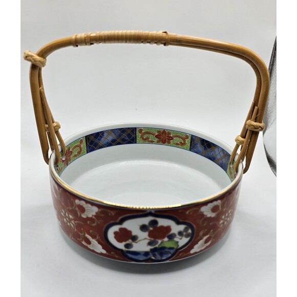 Vintage Takahashi Bowl Dish Bamboo Handles Japan Asian Ceramic Red Blue Floral - Picture 2 of 12